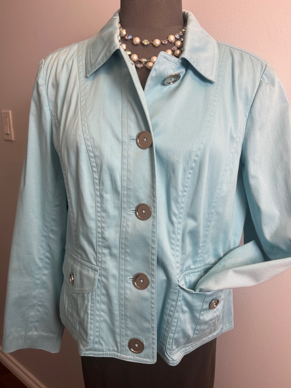 NWOT Jones New York Blue Button-Up Distressed Cotton Blazer Jacket Slight Crop